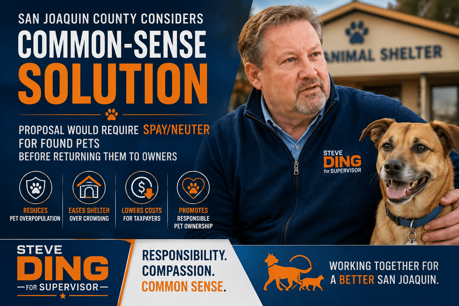 Campaign-style graphic featuring Steve Ding beside a dog in front of an animal shelter, with bold navy, white, and orange text reading “San Joaquin County Considers Common-Sense Solution” and explaining a proposal requiring spay/neuter for found pets before return to owners, alongside icons promoting reduced pet overpopulation, lower shelter overcrowding, lower taxpayer costs, and responsible pet ownership.